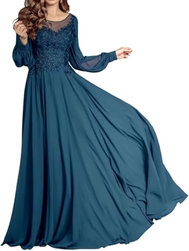 Long Sleeve Mother of Bride Dresses for Women Chiffon Lace Applique Mother of The Groom Dress for Wedding ZXLM003