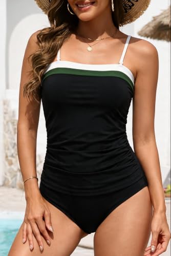 Image of Daci Women Strapless Tankini Tummy Control 2 Piece Bandeau Swimsuit | Full Coverage,Removable&Adjustable Straps,Built-in Soft Unremovable Bra,Ruched Tummy Control,Mid Waist Bottom,Fully Lined