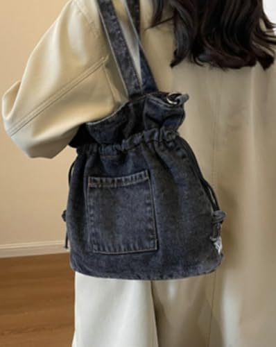 Women's Denim Canvas Tote Bucket Bag Drawstring Crossbody Shoulder Purse Vintage Shoulder Handbag Commute Travel Bag3