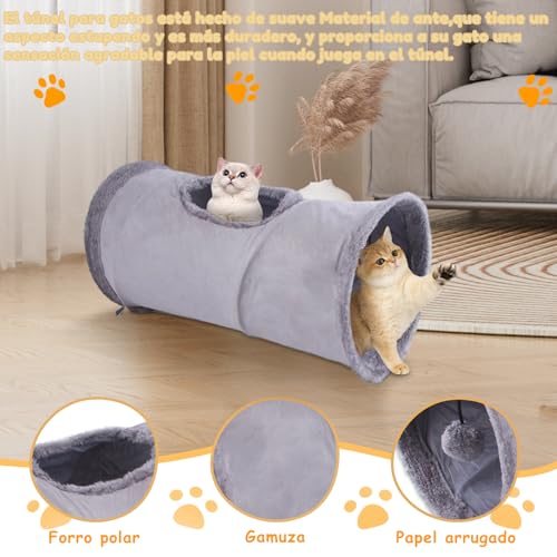 Faltbar Katzentunnel Katzenspielzeug mit Ball Spieltunnel Knisternder Rascheltunnel Aus Wildleder für Alle Katzen Kaninchen Welpen und Kleine Tiere,Mit Hängendem Lustiger Katzenstock(Grau)