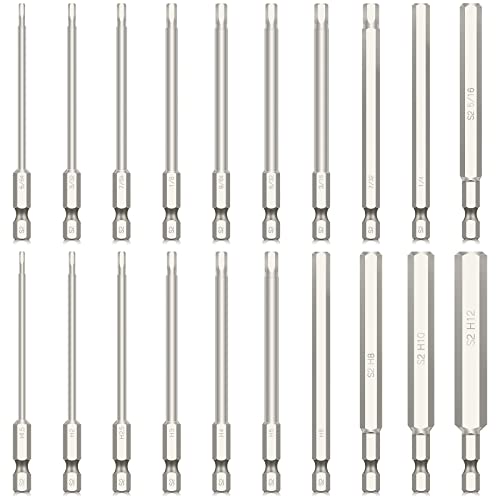 Hakkin Juego de 20 puntas hexagonales de 1/4", 100 mm de largo, S2, métricas, hexagonales, hexagonales, hexagonales magnéticas, juego de puntas H1,5-12 mm, llave Allen 6,35 mm, color plateado Cover