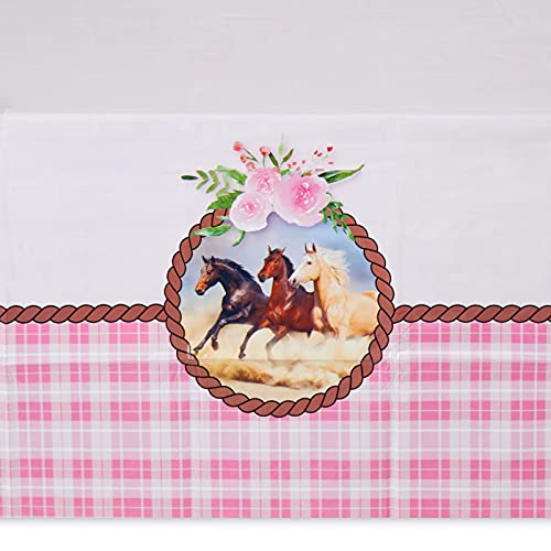 Image of BLUE PANDA Horse Party Tablecloths - 3 Pack, 54 inch x 108 inch, Pink Western Plaid - Disposable Horse Tablecloths - Cowgirl Birthday Party Table Covers