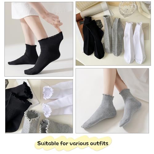 SRYL 3 Pairs Women's Ruffle Socks, Cute Casual Ankle Socks Breathable Cotton Soft Frilly Lettuce Socks4