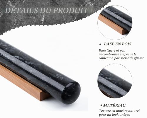 GMYIAK Rouleau à pâtisserie en marbre avec support en bois anti-adhésif pour pain, pâte à pizza, croûte, pâtisserie, cookies (noir, 30 cm) – vue 3