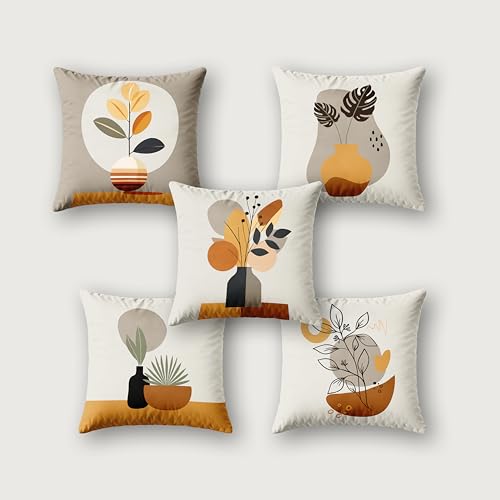 Image of Ultimate Trends Digital Printed Soft Cotton Feel Polyester Decorative Cushion Cover, Modern Eligent Designs, Heavy Long Life Fabric,24 inch X 24 inch Set of 5,Beige White