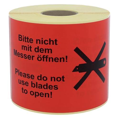 Warnetiketten 150 x 100 mm - Paket Aufkleber Bitte nicht mit dem Messer öffnen/Please do not use blades to open - 500 Versandaufkleber auf 1 Rolle(n), Papier selbstklebend