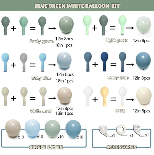 Dusty Blue Green Balloon Arch Kit Double Stuffed Pastel Light Sage Green Blue White Sand Beige Balloon Garland for Birthday Baby Shower One Silly Goose Dinosaur Wedding Ocean Party Decoration — view 4