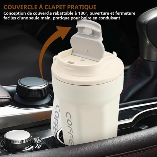 Lrocotanc Mug Cafe - Tasse À Café en Acier Inoxydable 450ml - Cafe Mug de Voyage - Gobelet Isolant Sous Vide Antifuite avec Couvercle - Coffee Cup (Blanc) – vue 6
