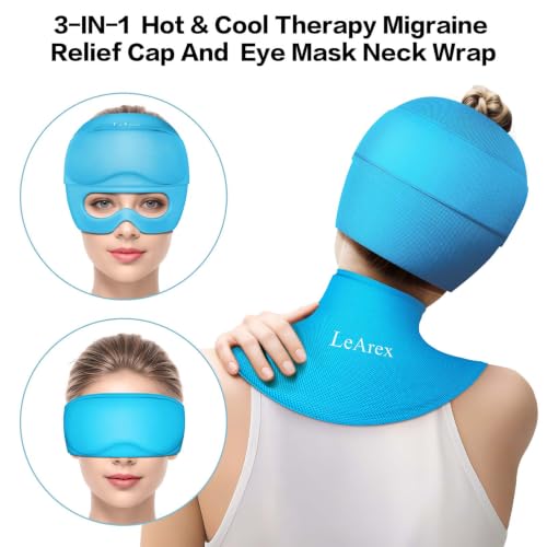 Image of 3 in 1 Migraine Relief Cap Neck Ice Pack Wrap Gel and Ice Eye Masks, Detachable Ice Caps with Eyes Masks, Hot and Cold Therapy for Relief of Headaches, Stiff Neck and Eye Fatigue (ICY Blue)