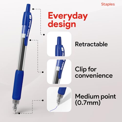 Image of STAPLES Retractable Gel Pens, Fine Point 0.7mm, Blue Ink, 12 Pack - ProGel Smooth‑Writing Pens for Office, School & Home