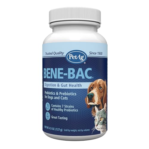 PetAg Bene-Bac - 4.5 oz Powder - FOS & Probiotics for Dogs, Cats, Exotic & Wildlife Mammals