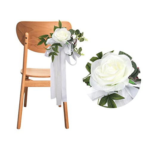 CAPRIZ Lot de 6 décorations de chaise d'allée de mariage pour cérémonie de mariage, fleurs artificielles d'eucalyptus avec rubans pour décoration de...