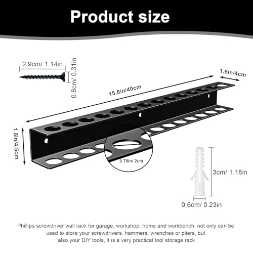HERKINDNESS Schraubenzieher Halterung, 40 cm Wandhalterung Werkzeug, Schwarz 14 Löcher Werkzeug Wandhalterung, mit Schrauben und Spreizrohren, für Garagen, Werkstätten, Werkbänke
