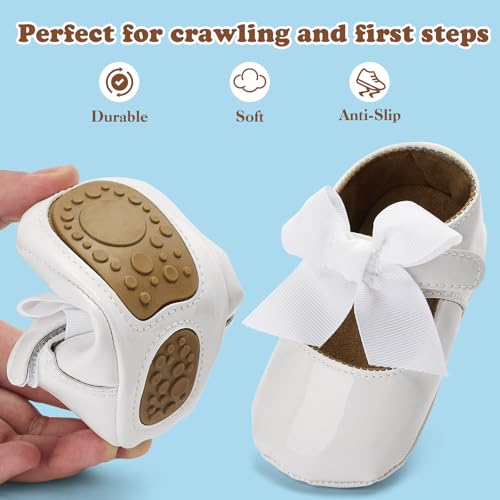 Infant Baby Girls Mary Jane Flats Bowknot Wedding Shoes Soft Sole Lightweight Newborn Sneakers First Walker Non-Slip Crib Shoes for 0-6-12-18 Months Princess Dress Shoes for 0-1-1.5 yrs Old3