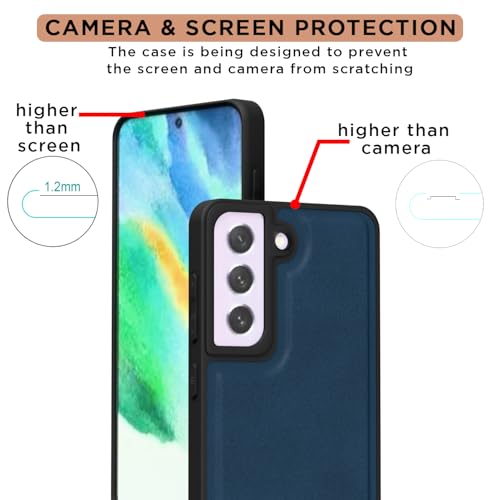 Image of Amazon Basics Back Cover for Samsung Galaxy S21 FE 5G | Premium PU Leather | Soft Touch Finish | Full Camera Protection | Raised Edge Bumper Case (Blue)