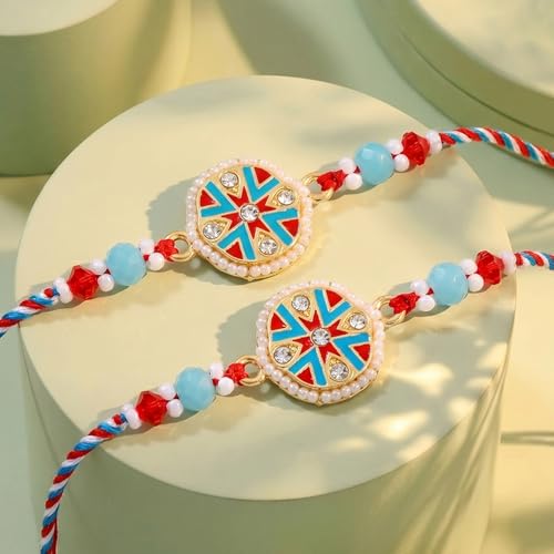 Image of Peora Rakhshabandhan Thread Rakhi for Brother Bhaiya | Kundan Beads & Crystal Studded | Combo Set of 2 | Rakhi Hamper Roli Chawal & Greeting Card