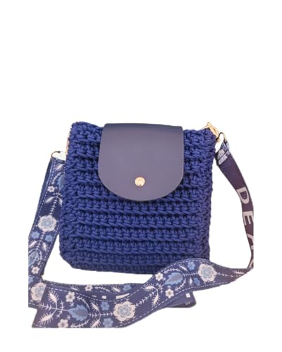 Bolsa de Crochê Feminina, Azul Marinho, Alça Transversal Floral, Fecho Metálico Dourado, Design Artesanal