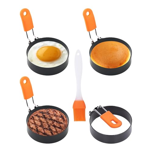 Srvauyea 4 Piezas Moldes para Huevos Fritos, Antiadherente Molde para Huevos Fritos Anillos de Huevo con Mango Plegable Molde Huevos Fritos con Pinceles para Cocinar Huevos Fritos Panqueques Omelettes