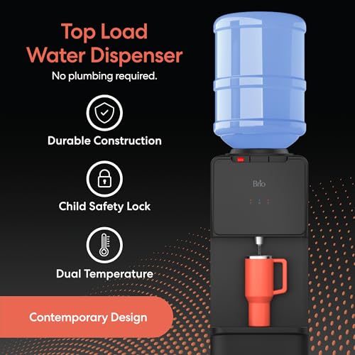 Image of Brio 130 Series Top-Load Water Cooler Dispenser for 3- and 5-Gallon Bottles, Hot & Cold, Spill-Free Loading, Child Safety Lock, Energy Star 3.0, Black