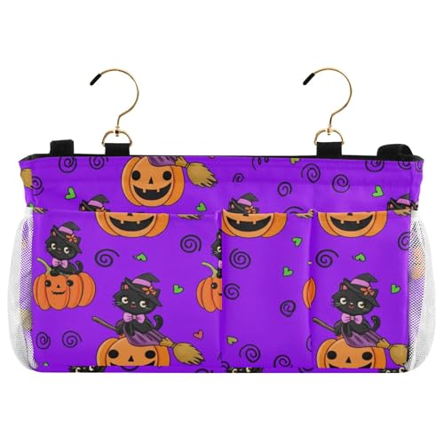 Burbuja Cat Sitting on Pumpkins Bedside Caddy Hanging Storage Organizer with 2 Straps and Hooks for Home College Dorm Bunk Bed Hospital Bed Crib