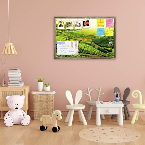 Image of ArtzFolio Tea Plantations, Munnar, Kerala | Bulletin Board Notice Pin Board | Vision Soft Board Combo with Thumb Push Pins & Sticky Notes | Antique Golden Frame | 30 x 20 inch (76 x 51 cms)