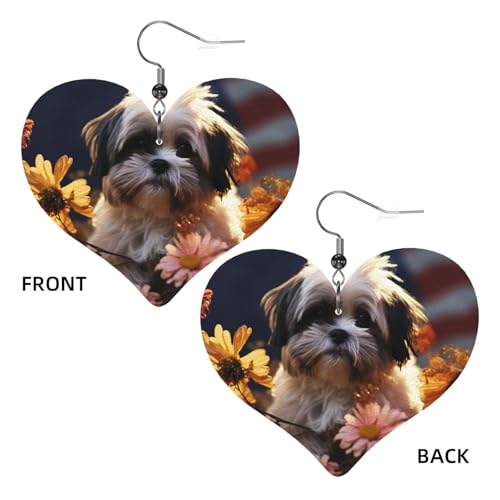 Shih Tzu Hunde- und Blumen-Leder-Ohrringe für Damen, Herz-Ohrringe, leicht, baumelnd, Schmuck, Geschenke