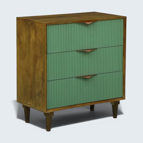 Image of Solid Wood Rodondo Chest of Drawers | Drawer Chest with 3 Drawers | Wooden Drawer Storage Cabinet | Finish- Premium Olive Green and Light Brown