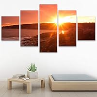 SIGNWIN 5 Panel Canvas Wall Art Coastal Orange Photography Relax/Calm Romantics Sunset Warm for Home Decorations Ready to Hang - 60
