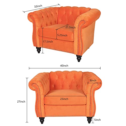 Image of ORRD 3 Piece Living Room Set, Velvet Chesterfield Sofa Loveseat Couch Chair with Scroll Arms and Nailhead for Living Room, Office (Orange)