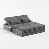 UDPATIO Transat Jardin Extérieur en Rotin   Bain de Soleil Double avec Plateaux Latéraux Repliables et Dossier Réglable 5 Niveaux, Lit de Jardin Résistant Jusqu'à 400kg, pour Piscine ou Terrasse, Gris