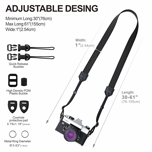 Padwa Lifestyle Black Camera Strap - 1" Pure Cotton Vintage Woven Neck & Shoulder Straps With Full Grain Cowhide Head, Camera Straps For Photographers With Quick Release Buckles #TOP6