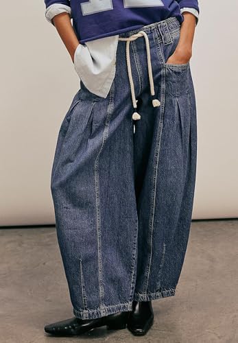 Women Barrel Jeans Pull-On Denim Elastic Waist Boyfriend Y2K Baggy Wide Leg Pants with Drawstring2