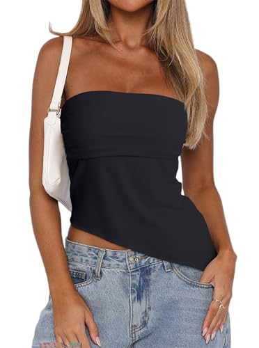 CSDAJIO Asymmetrical Tops for Women Ruched Side Long Tube Top Strapless Bandeau Top Summer Going Out Backless Shirt