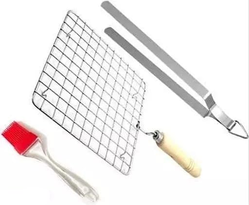 Stainless Steel Roasting Jaali Net with Cooking Tong Roti Chimta and Silicon Oil Brush