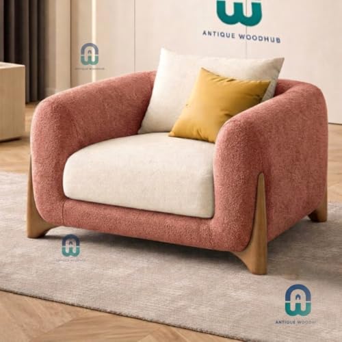 Image of Modern Sofa, Teddy Fabric, Chesterfield Style, Wooden Legs, for Living Room, Bedroom, Hallways (Rose-Off White, 3+1+Ottoman)