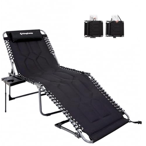 KingCamp Oversize Lounge Chair Outdoor, Extra Large Padded Folding 5 Positions Chaise Tanning Chairs with Pillow & Side Table for Outside Sunbathing Beach Patio Pool Camping (Black)
