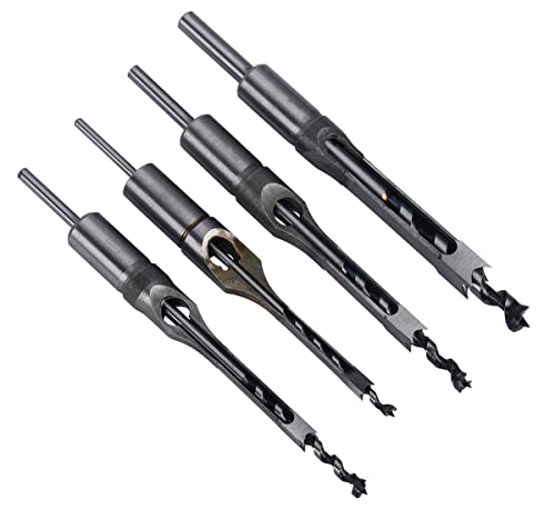 8MILELAKE 4pcs Square Hole Drill Bits, Woodworking Spiral Mortising Chisel Drill Bit Durable Hole Saw Kits 1/4 inch, 5/16 inch, 3/8 inch, 1/2 inch