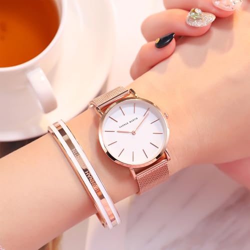 Image of HANNAH MARTIN Watches for Women Analog Women's Watch with Stainless Steel Expansion Band Minimalist Slim Dial 30M Waterproof Ladies Dress Wristwatch for Casual Daily Business