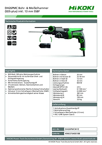 HIKOKI Bohr & Meißelhammer, DH26PMCW1Z (im HSC I) (830Watt) 240V (SDS-plus) inkl. 13 mm SSBF – Bild 3