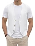HISDERN Chaleco Blanco de hombre de algodón y lino ideal para verano Chaleco informal ligero y transpirable con bolsillos M