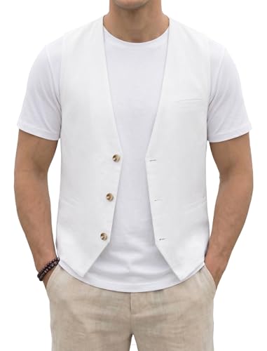 HISDERN Chaleco Blanco de hombre de algodón y lino ideal para verano Chaleco informal ligero y transpirable con bolsillos M