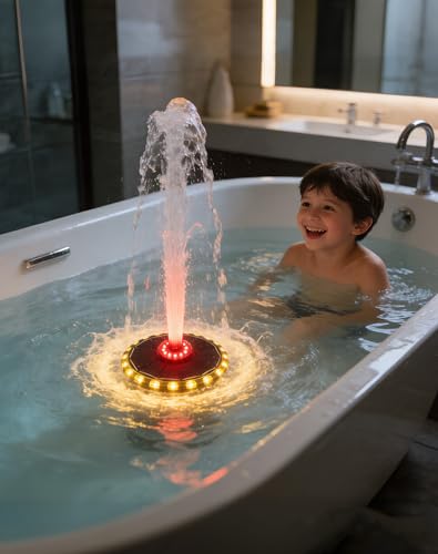 Bath Fountain for Kids Bath Tub Fountain Solar Powered Floating Bathtub Water Spray with Colorful LED Lights 8 Spray Modes for Bath Pool & Tub Ambiance