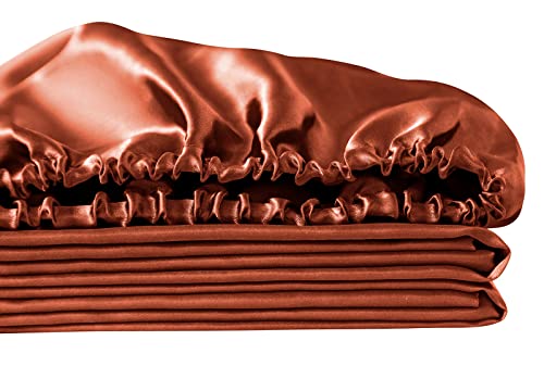 Image of Ersmak Satin Fitted Sheet Only, Luxury Silky King Fitted Sheet Ultra Soft Deep Pocket Bottom Sheet, Wrinkle & Fade Resistant - Rust Orange