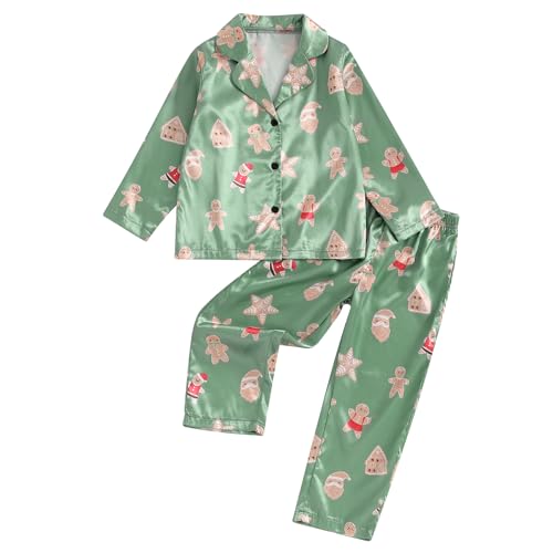 Fsadfeas Kids Girls Pajamas Baby Short/Long Sleeve Santa Claus Button Down Top Pants Satin Silk Halloween Christmas Pajamas (Gingerbread Man Green, 4-5 Years)
