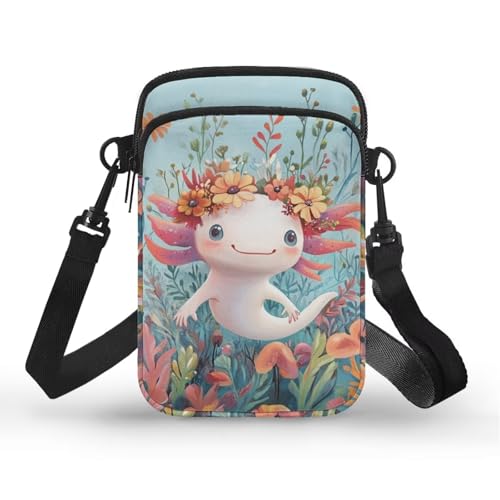 Image of Xpyiqun Axolotl Crossbody Purse for Women Floral Cross Body Pouch Cell Phone Wallet Small Canvas Sling Shoulder Handbags Mini Travel Messenger Bags Roomy Zipper Pockets Work Satchel