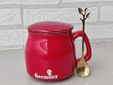 Tazas de cafe grandes originales de porcelana esmaltada , tazas con tapa para infusiones con cucharilla dorada con mango en forma de " rama"