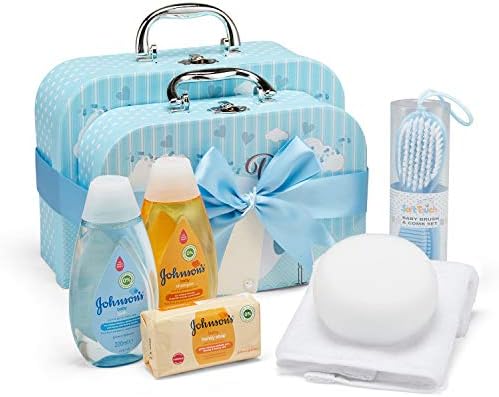 Newborn Baby Boy Hamper Gift - Hand Packed Set of Two Blue Suitcase Keepsake Boxes, Soft Plush Toy Bear, Brush, Sponge, Clothes and Essentials for New Mother Baby Showers
