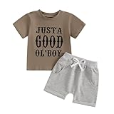 Hekkomird Baby Boy Cute Letter Short Sleeve T-shirt Top And Elastic Drawstring Shorts Toddler Summer Clothes (Coffee Just A Good Ol'Boy, 12-18 Months)