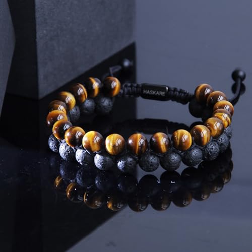 HASKARE Tigers Eye Crystal Bracelets for Men, Energy Beads Bracelet Real Tigers Eye Lava Rock Gemstone, Handmade Protection Crystal Bracelet Mens Bracelets Father Christmas Gift for Men Anxiety Relax4