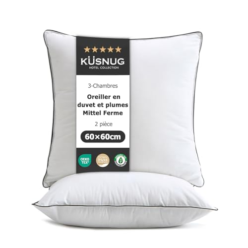 KUSNUG Oreiller en d'oie Duvet 60x60 Lot de 2, Duvet et Plumes de Haute Qualité entourés d'un Tissu en 100% Coton Biologique, Oreiller D'hôtel Ergonomique à 3 Chambres, Coussin de Sommeil Moelleux